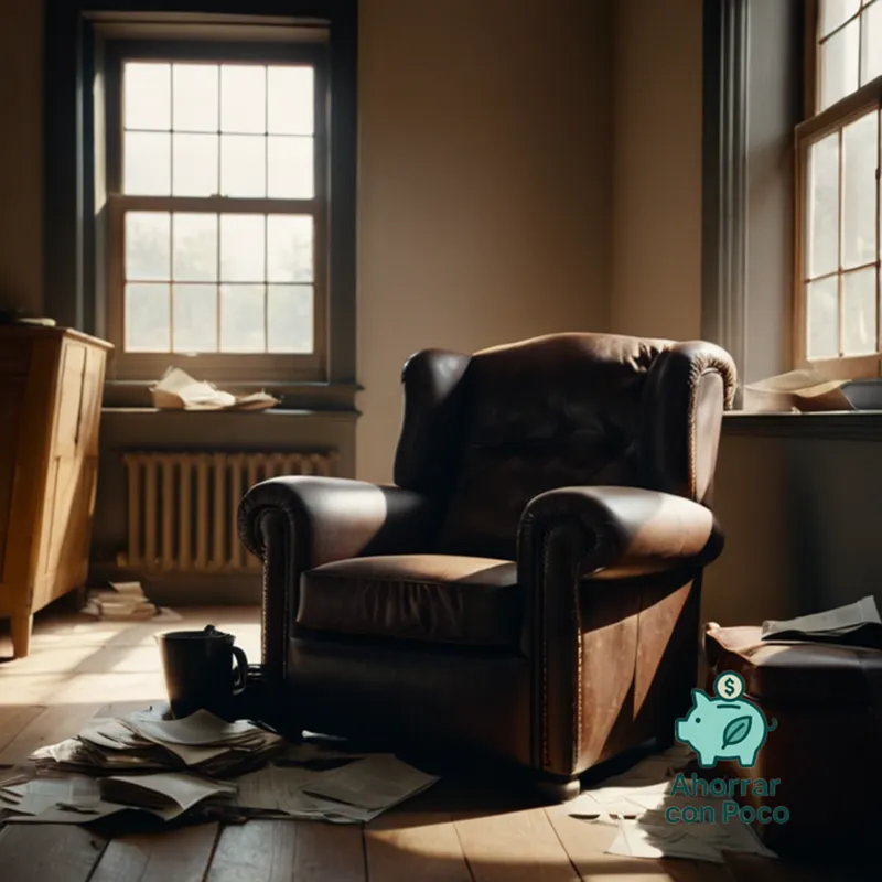 The image should show: A worn-out chair sits in a small, cluttered living room, opposite an individual, mid-30s, with sunken eyes and pale skin, leaning against the wall, surrounded by faded financial documents and unpaid bills.