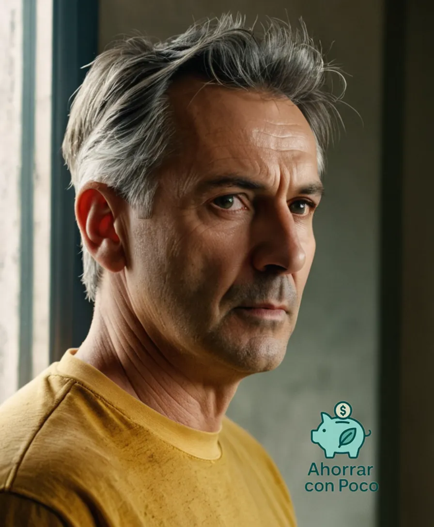 The image should show: A worn-out man in his late 40s stands in front of a bare wall, clad in a faded yellow t-shirt and sweatpants, with a messy shock of grey hair noticeable under a faint morning light that seeps through a grimy window.