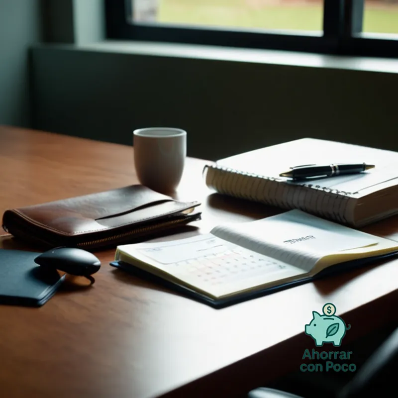 The image should show a worn-out wallet on top of a cluttered desk, next to a calendar marked with days crossed out in frustration, with an open notebook and pen lying nearby, amidst a sparse collection of unpaid bills and notices from utility companies.