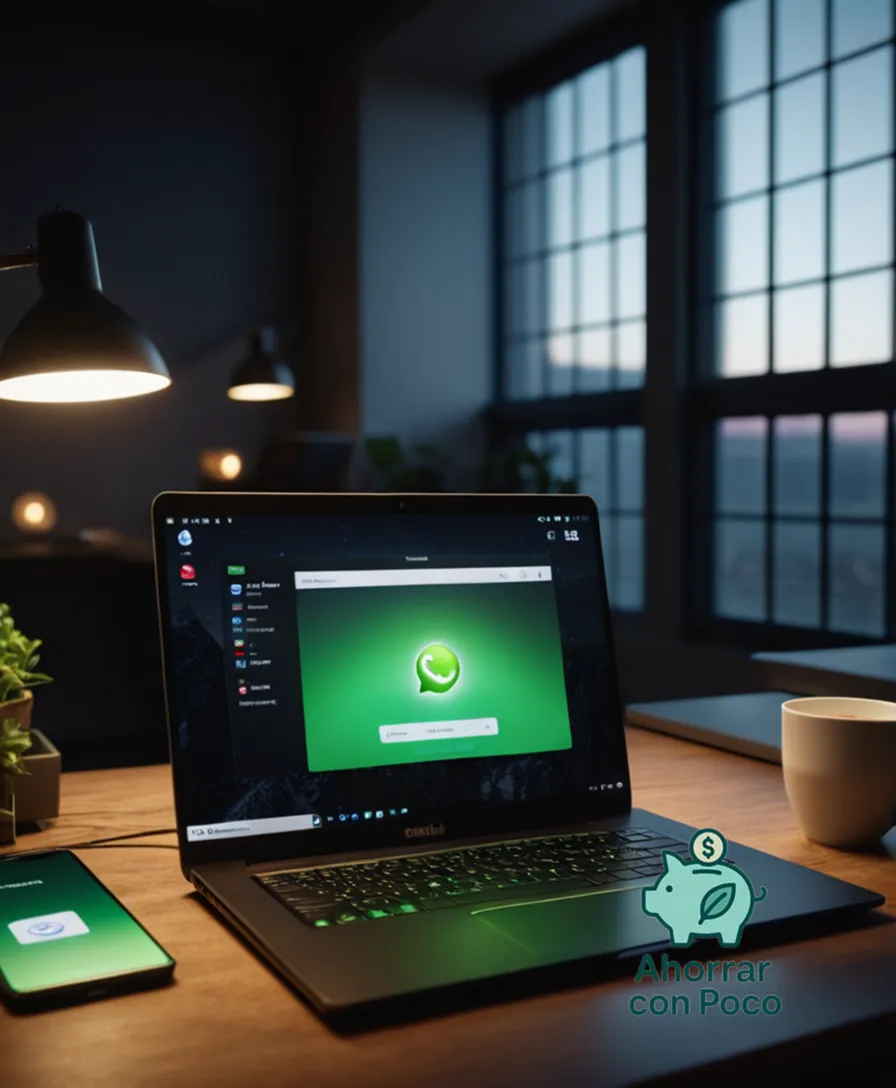 The image should show: A close-up of a person's laptop screen displaying various internet-saving apps and browser extensions, with a subtle green glow emanating from the display casting a modern ambiance amidst scattered bills and credit card statements on a cluttered desk.