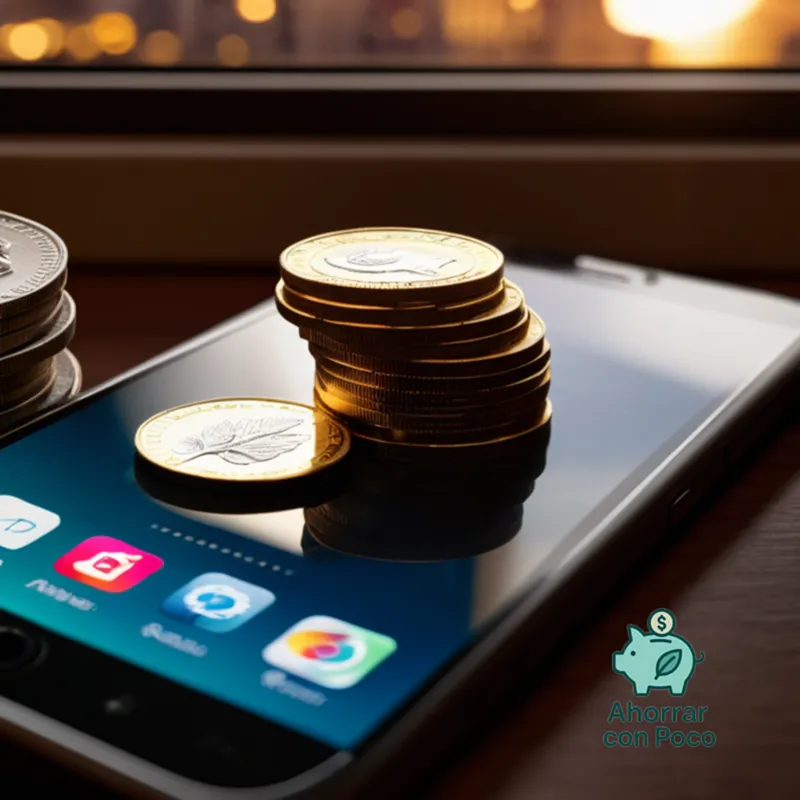 The image should show: A close-up of a stack of cash and coins neatly arranged on top of a smartphone display showcasing multiple mobile apps, set against a subtle, blurred background of various financial management applications.