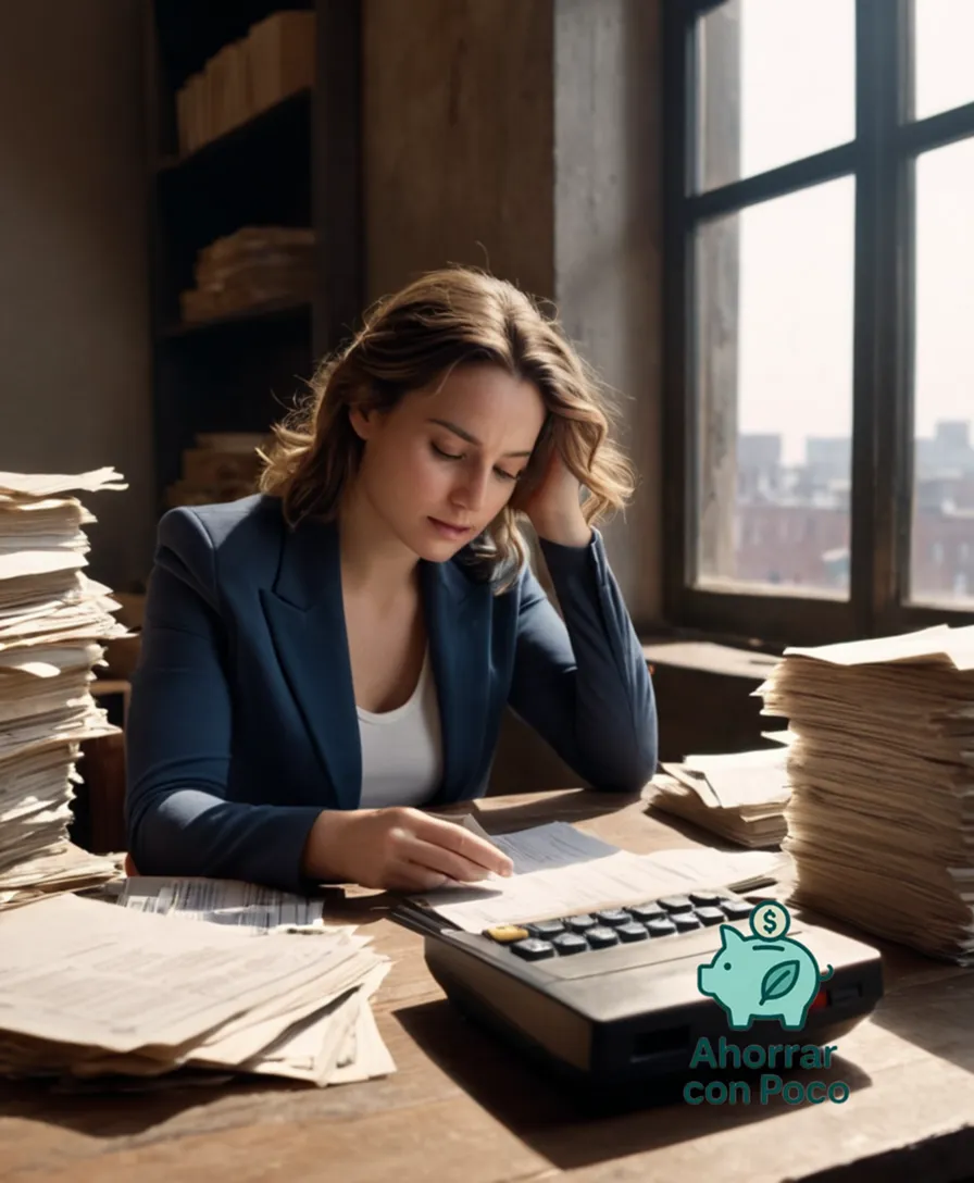 The image should show: A young woman in her mid-twenties sitting at a worn wooden desk, surrounded by stacks of unpaid bills and dusty financial documents, gazing down at a small, handheld calculator with concern etched on her face, against a blurred background of cluttered city streets.