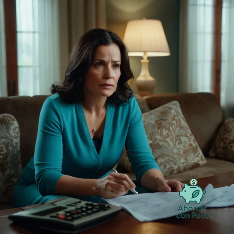 The image should show a determined-looking woman in her mid-40s with long, dark hair and a concerned expression, sitting on a worn couch in a modestly furnished living room, surrounded by medical bills and papers, while clutching a calculator and notebook to plan her healthcare expenses.