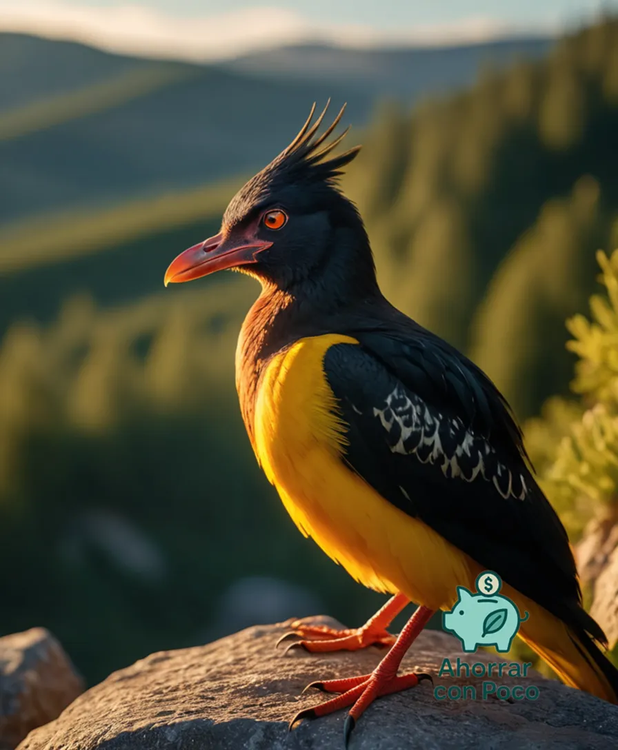 The image should show a well-fed Gasto sitting calmly on a rocky outcropping, its vibrant yellow plumage glistening in the soft, warm sunlight as it gazes directly at the viewer with its distinctive black beak and piercing red eyes.
