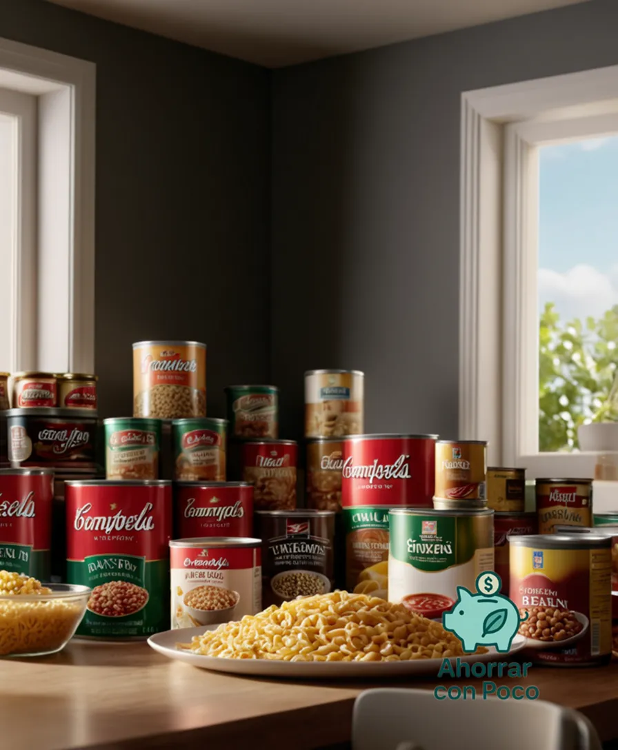 The image should show: A cluttered kitchen table with various products such as cans of beans, jars of pasta sauce, bags of rice, and boxes of cereal, arranged in a way that illustrates an overflowing pantry without wasting money, set against a warm and inviting yellowish-gray backdrop.