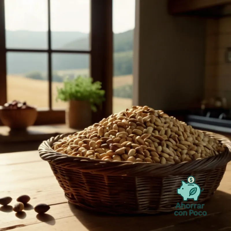 The image should show: a tightly packed basket filled with various stable food products such as whole grains, dried legumes, and nuts, placed on a rustic wooden table amidst a sunny kitchen, with natural light highlighting the organic textures of each item.