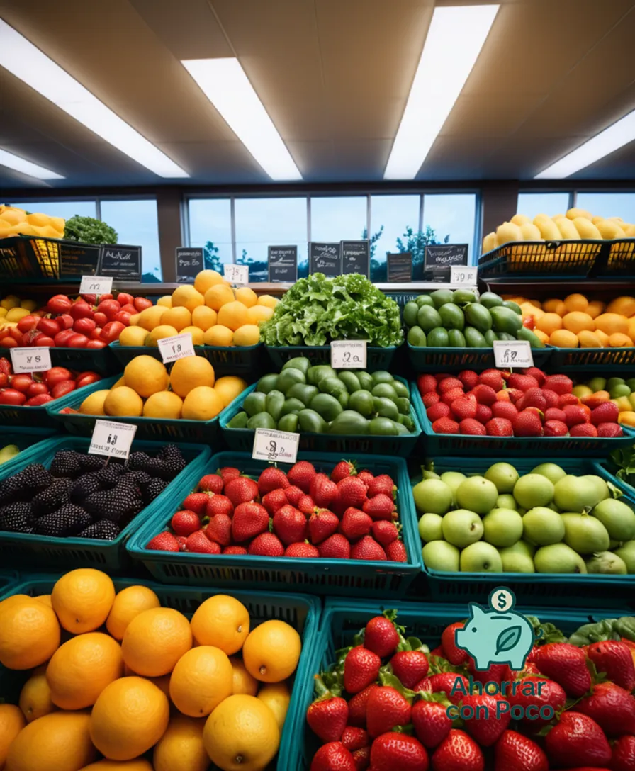 The image should show: A well-organized produce stand at a bustling 
