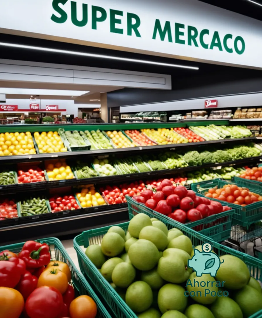 The image should show a vibrant and well-lit snapshot of a bustling supermarket, with shopping carts filled with fresh produce and packaged goods in the foreground, while a bright sign reading 