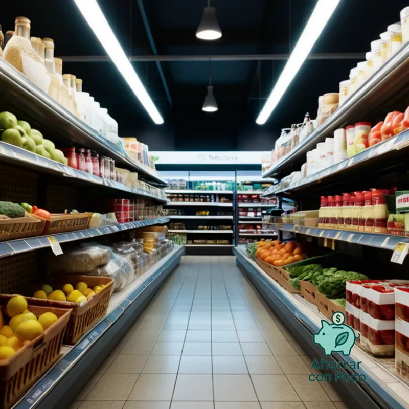 The image should show a humble yet well-planned supermarket aisle, bathed in soft morning light, lined with neatly stacked shelves of essential products and fresh produce, an anonymous shopper's cart filled with carefully selected household staples in the background, amidst rows of ordinary stores.