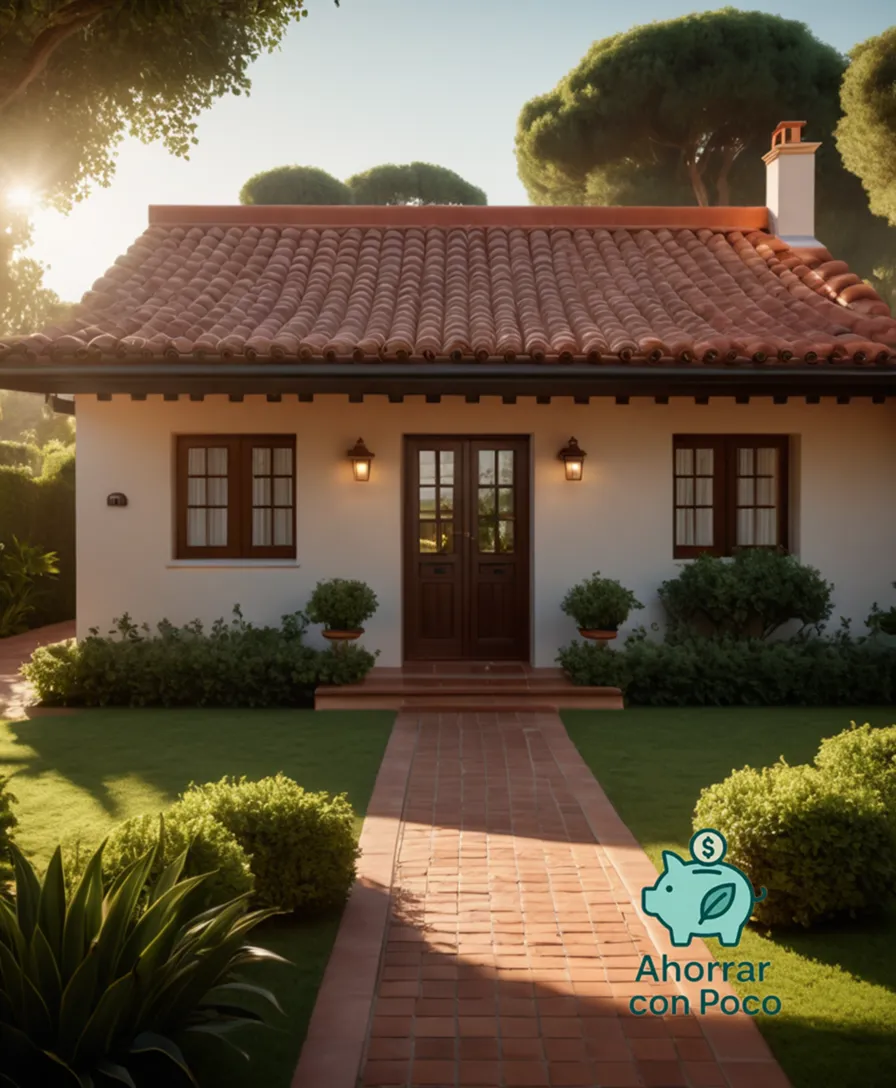 The image should show a modest single-story house with a terracotta-tiled roof, surrounded by lush greenery and a small well-manicured lawn, visible through an open gate, under warm sunlight casting long shadows on the morning dew-kissed surroundings.