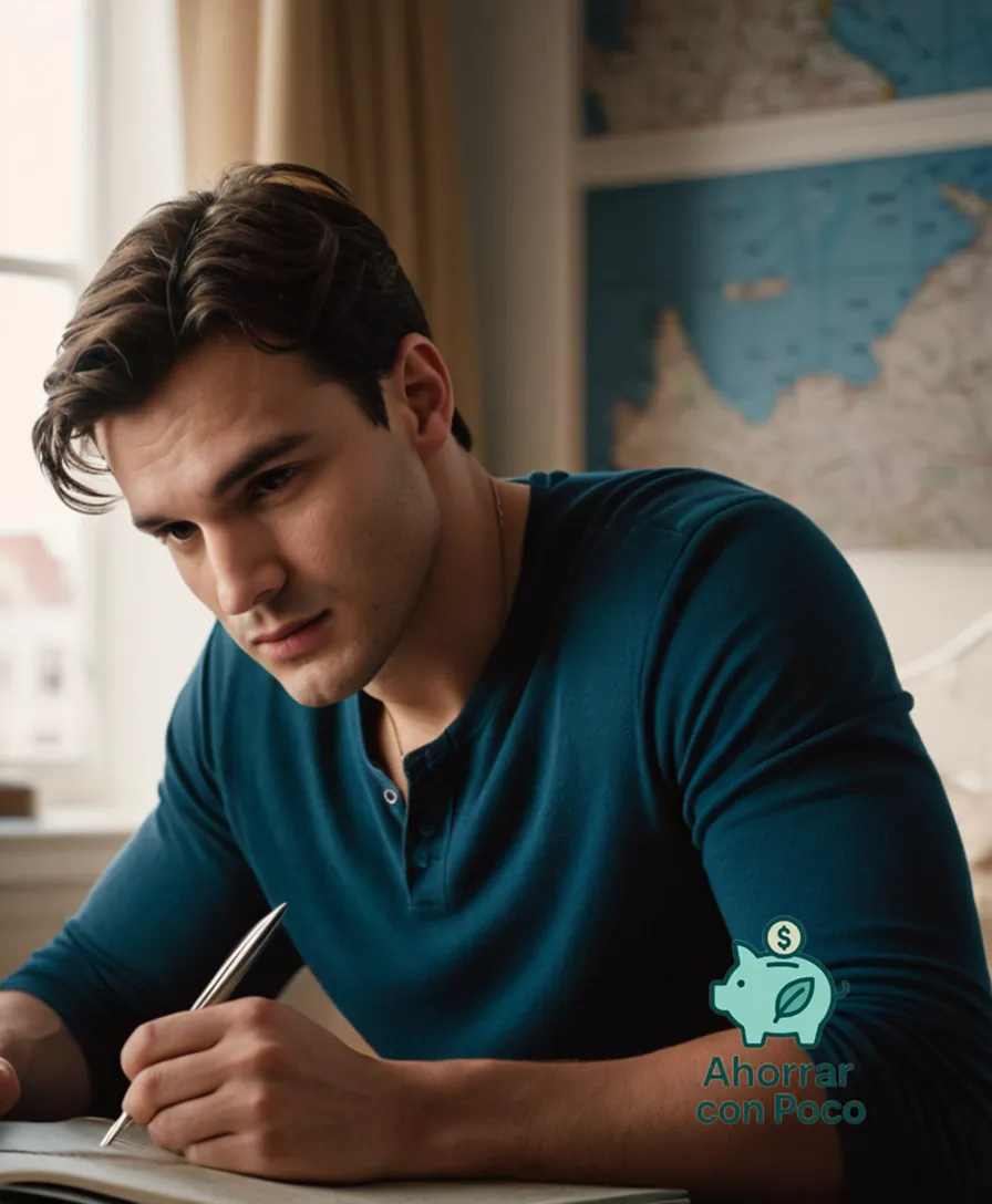 The image should show: A worn but determined-looking young man in his mid-twenties, with a strong jawline and dark hair, sitting on the edge of his bed in a modestly furnished apartment, staring at a small notebook open on his lap, with a faded map of the city and financial charts behind him.