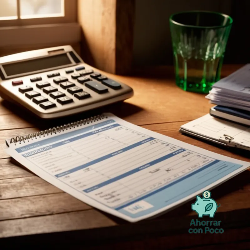 The image should show a close-up of a bank statement page on a rustic wooden desk in a cozy, dimly lit home office, with a calendar and a calculator nearby, surrounded by stacks of dusty financial documents and scattered pieces of paper with handwritten notes.