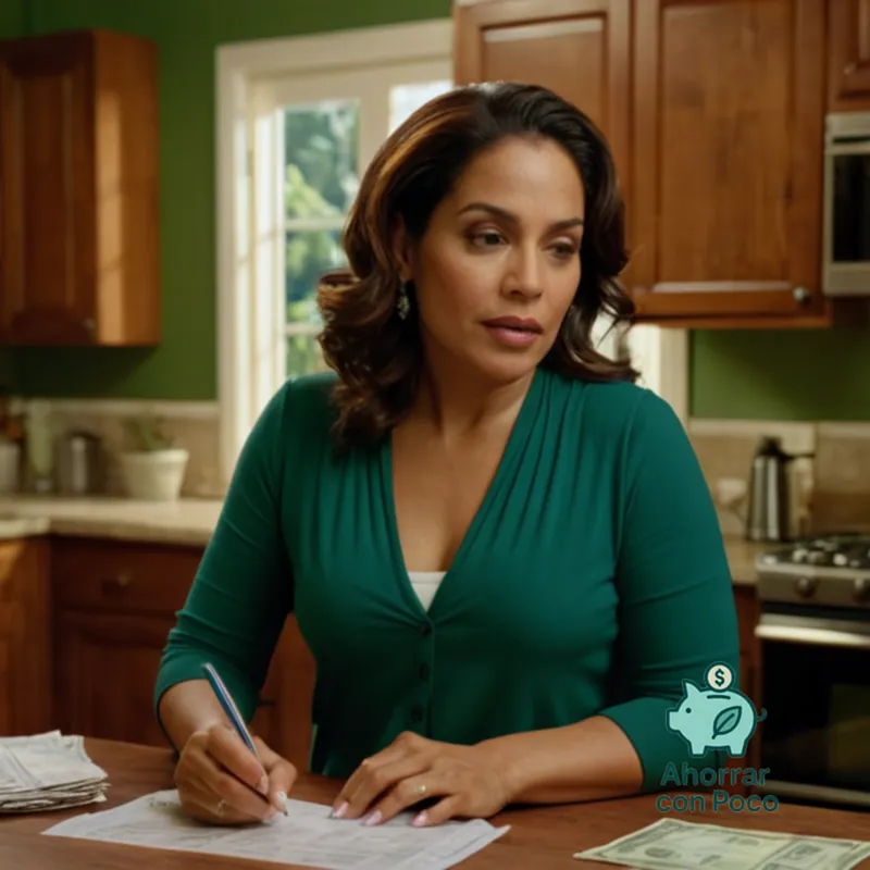 The image should show: A low-income Latina woman in her late 30s, standing in front of a small kitchen table cluttered with bills and receipts, holding a pencil as she carefully calculates the weekly amount to deposit into a savings account with a vibrant green safety net icon floating above the table.
