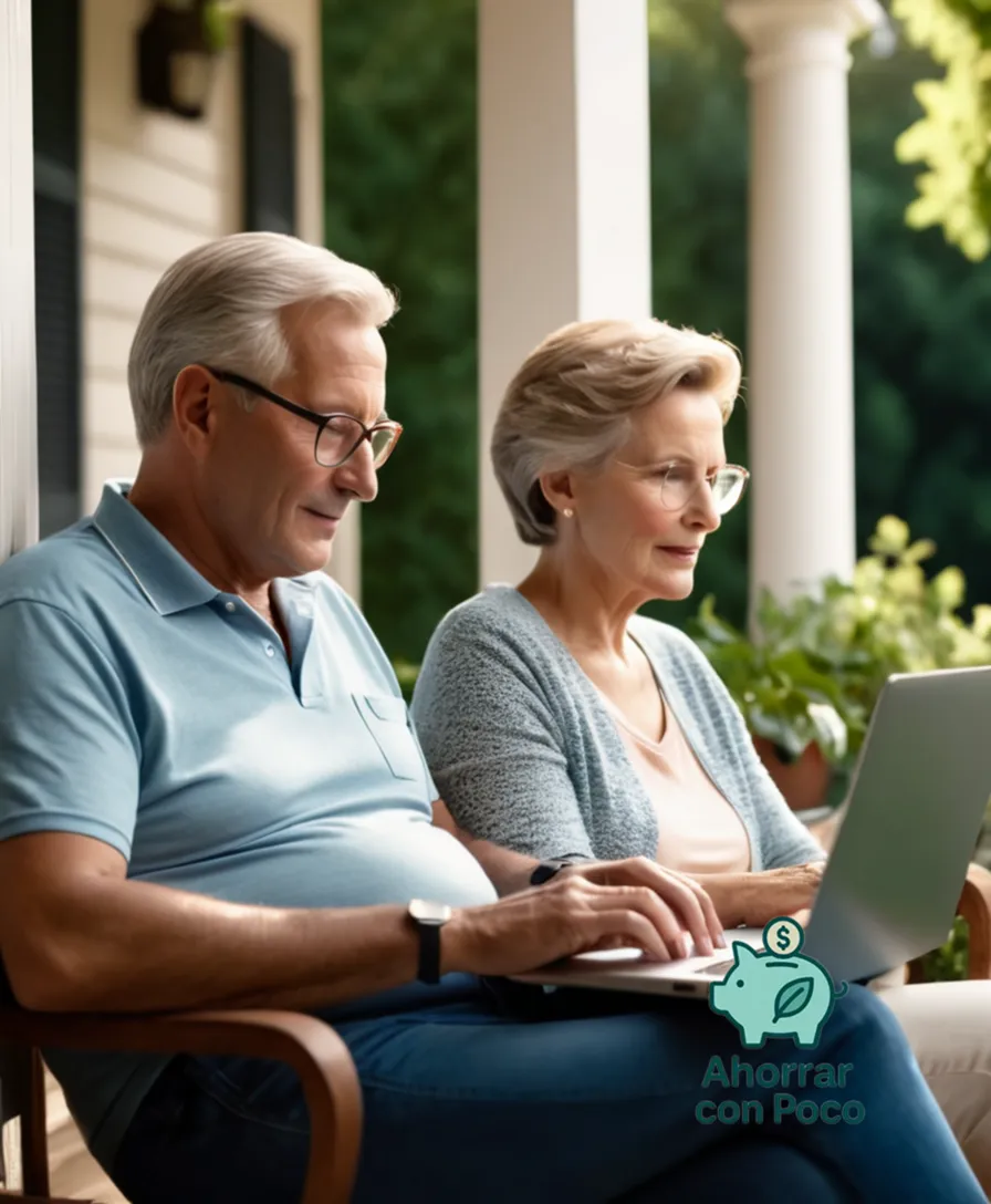 The image should show: A serene group of two retirees in their mid-sixties, sitting comfortably on a porch with a gentle greenery backdrop, one holding a laptop while reviewing financial documents, with a warm sunlight casting a calm ambiance over them.