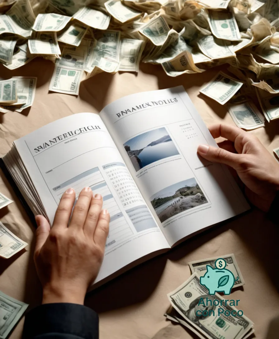 The image should show a close-up of a person's hands holding on to the top pages of a personal finance book, surrounded by scattered crumpled bank notes, financial charts, and a faint glimpse of a calendar in the background, set against a warm and neutral beige-colored wall.