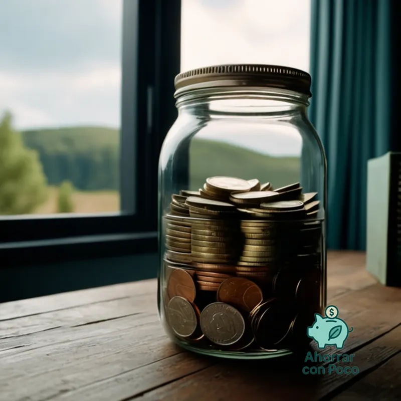 The image should show a sturdy, glass jar filled to the top with various denominations of banknotes, situated on a weathered wooden desk amidst scattered financial documents and a calendar in a cluttered home office, under warm natural light with a subtle hint of stress.