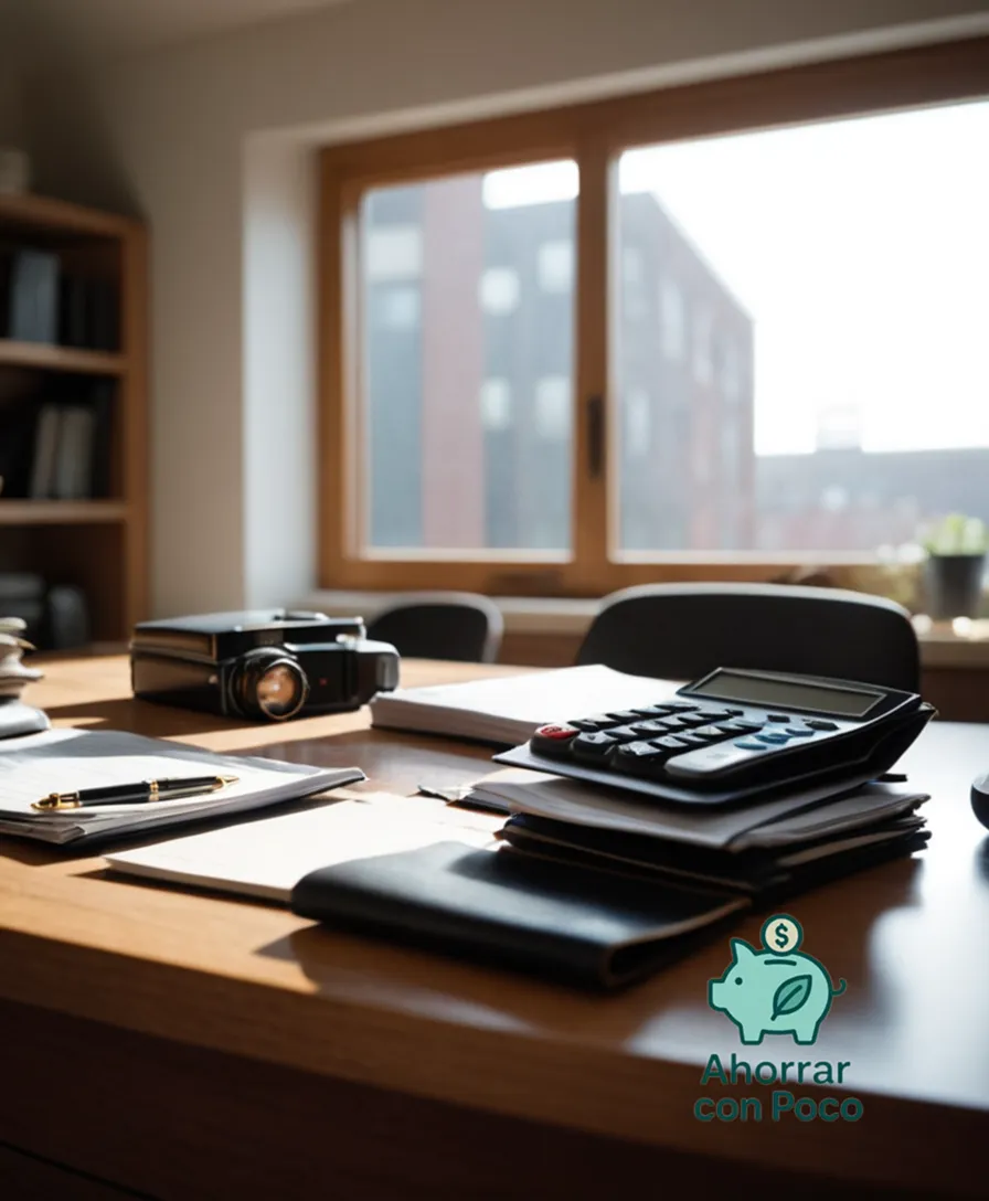 The image should show a clear photograph of a neatly organized wallet, calculator, and small notebook in the center of a cluttered desk, amidst stacks of unpaid bills, bank statements, and scattered papers, bathed in soft, natural light that emphasizes the sense of relief.