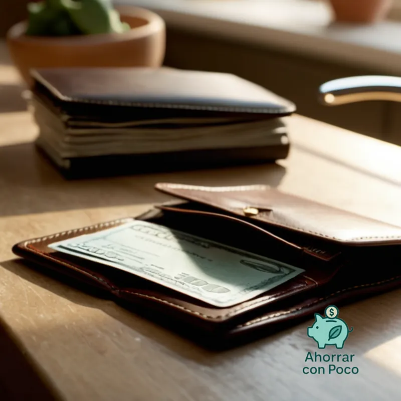 The image should show a worn wallet lying open on a cluttered kitchen counter, with scattered receipts and bank statements spilling out of it, surrounded by overdue bills and unopened financial documents under harsh direct sunlight, underscoring financial stress.