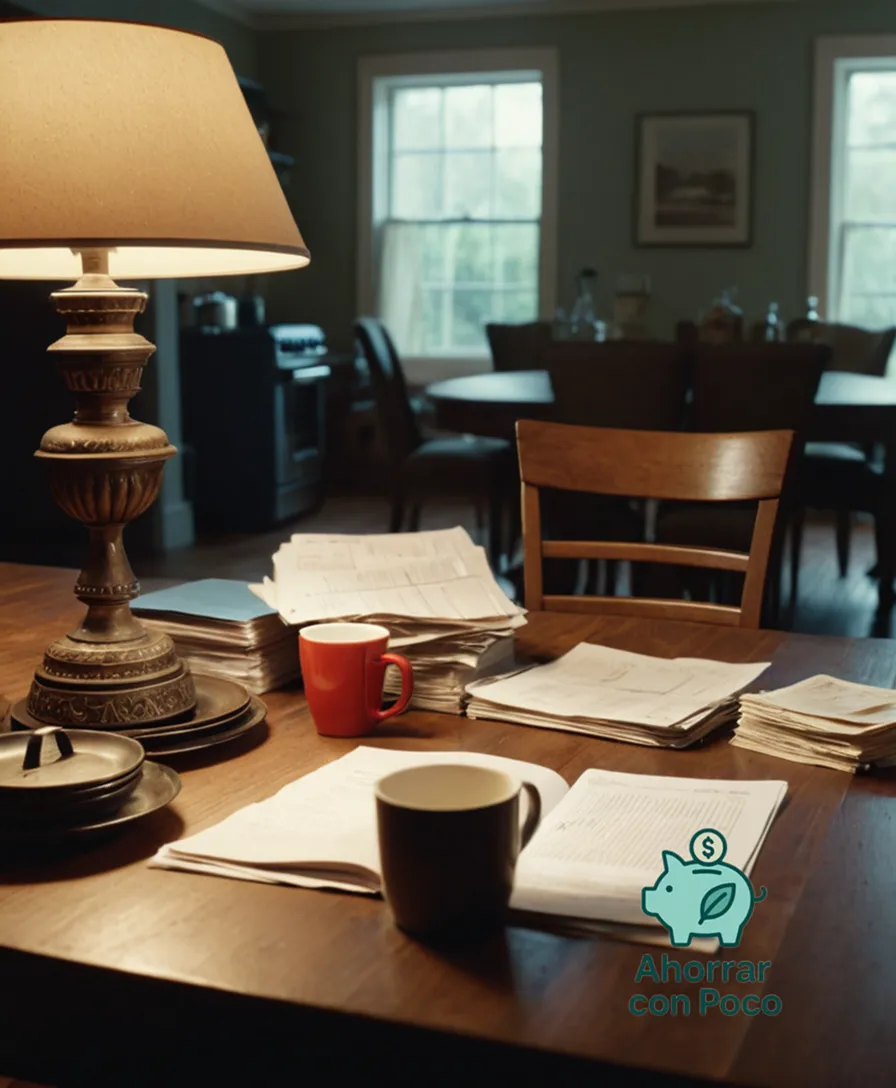 The image should show: A large, worn, and cluttered kitchen table in the center of a humble living room, dominated by a stack of overdue bills and financial documents, with exhausted parents sitting beside it, surrounded by meager household belongings and a faint glow from a nearby lamp.