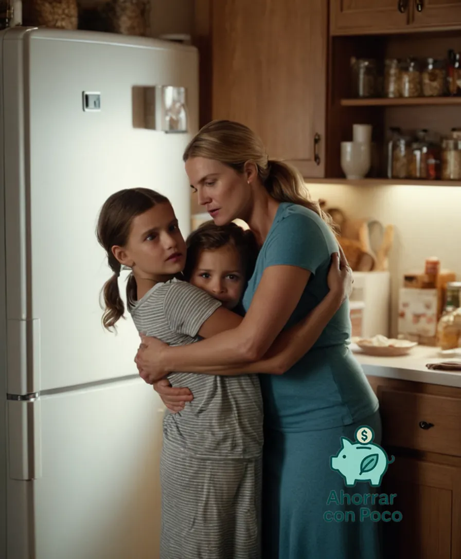The image should show a young mother standing in front of a worn-out white refrigerator, her arms wrapped around two tired-looking children, as they huddle together on a cluttered kitchen table amidst piles of unpaid bills and grocery lists, under the dim light of a small window.