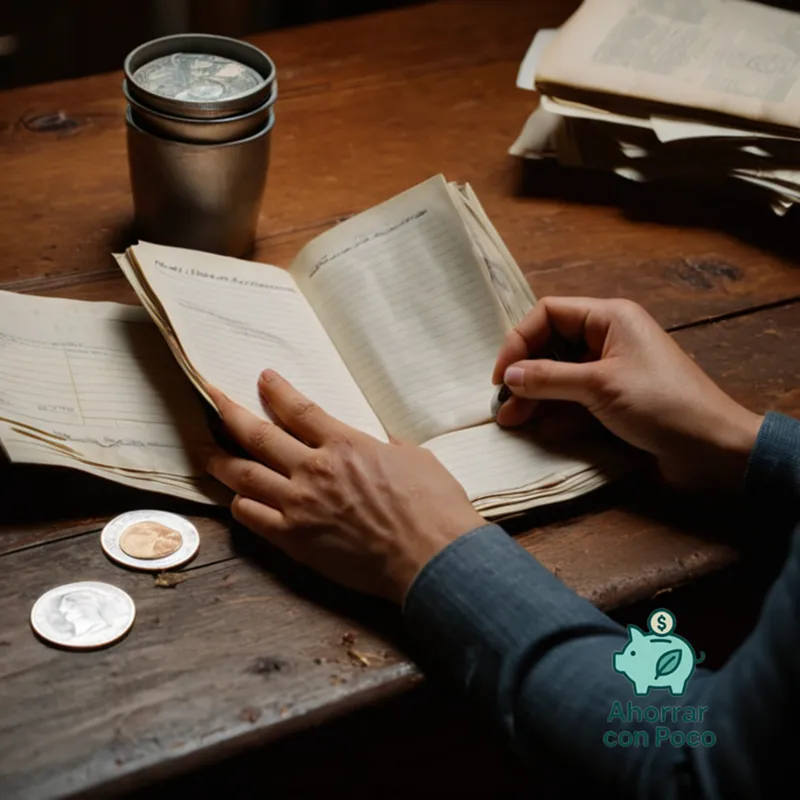The image should show: A close-up of a person's hand holding a worn-out journal, surrounded by crumpled receipts, bills, and coins on a cluttered wooden desk under harsh artificial lighting, emphasizing the sense of overwhelm and financial distress.