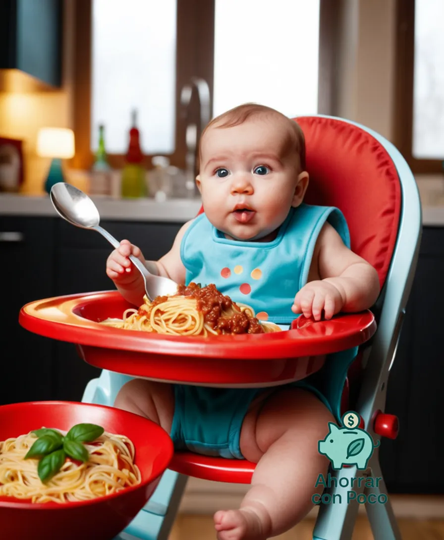 The image should show a chubby bebé (approximately 1 year old) sitting in a high chair, surrounded by a few toys, with a bib on their chest and a drool-proof spoon in hand, gazing curiously at a colourful bowl of steaming spaghetti Bolognese placed in front of them.