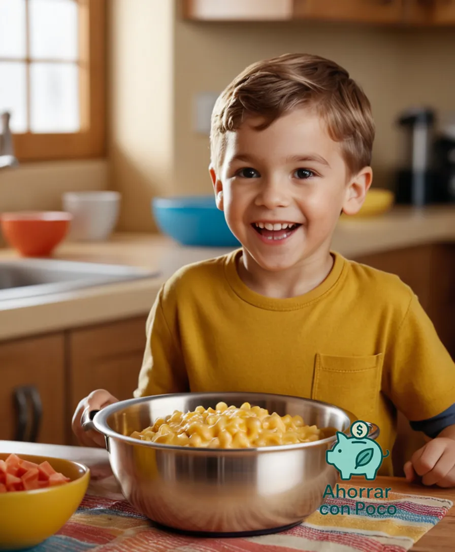 The image should show a joyful young boy, approximately 5-6 years old, eagerly holding a stainless steel bowl containing a vibrant, homemade macaroni and cheese, surrounded by colorful wooden blocks and crayons on a worn, beige tablecloth in a warm, sunlit kitchen atmosphere.