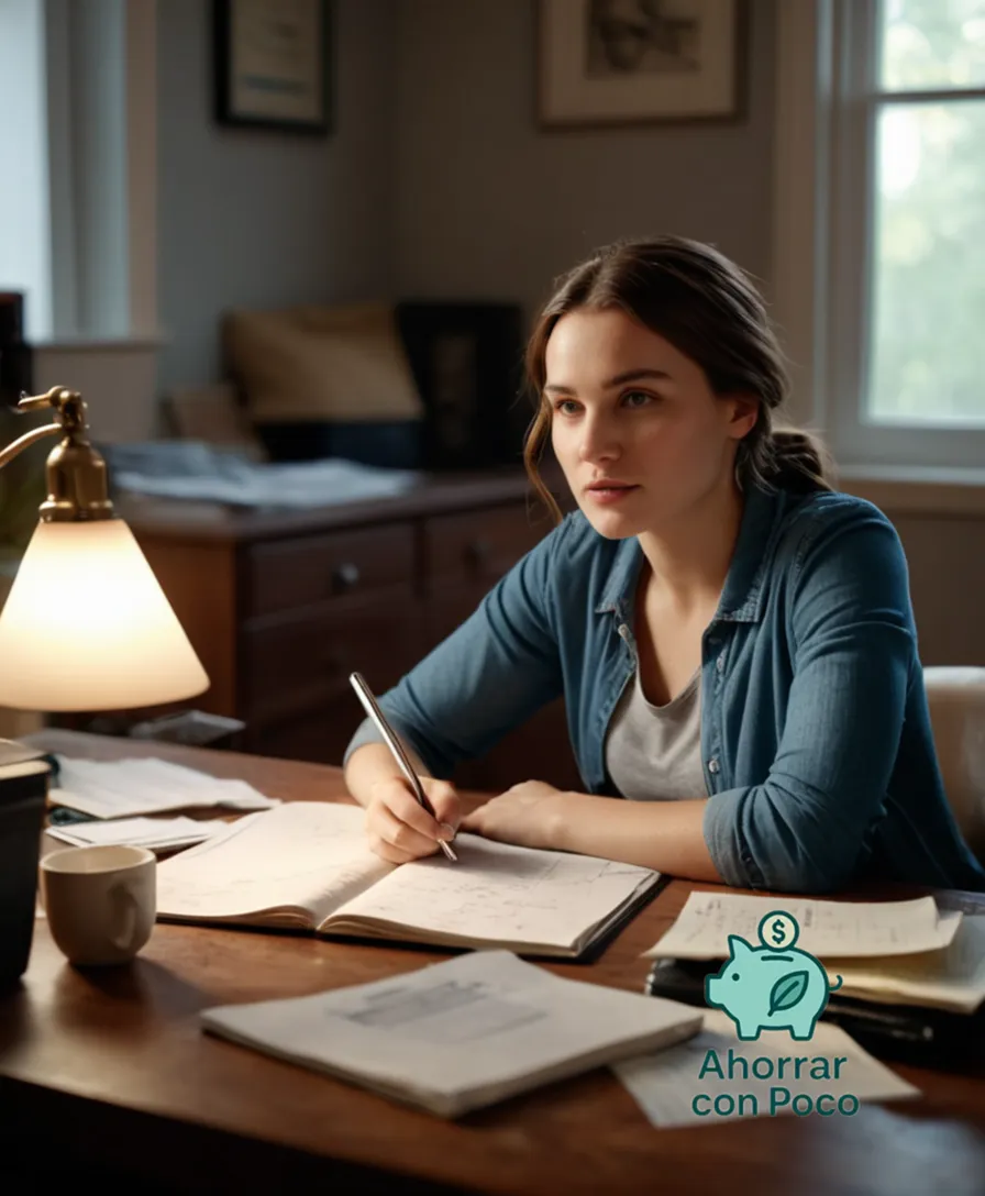 The image should show: A young woman in her mid-twenties, sitting at a cluttered yet clean desk, surrounded by household bills, scribbled notebooks, and scattered financial documents, gazing out a small window into a modest living room, illuminated by soft afternoon natural light.