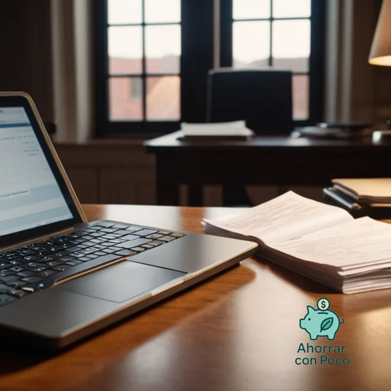 The image should show a close-up of an open laptop on a clutter-free wooden desk in a well-lit room, with a person's hand hovering over the keyboard as they work on their tax return, surrounded by a faint stack of financial documents and a calculator to the side.