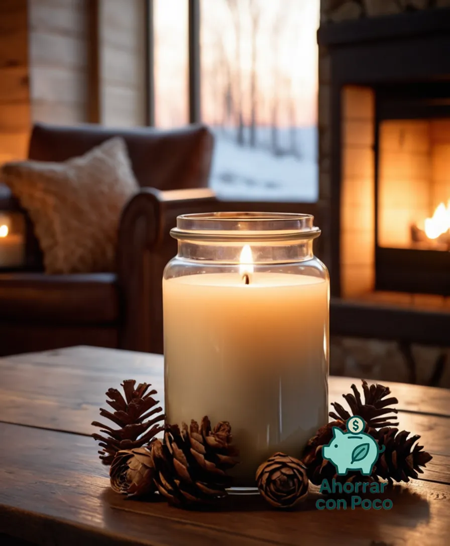 The image should show: A beautifully wrapped handmade candle in a vintage glass jar sitting on a rustic wooden table, flanked by dried flowers and a few strategically placed pinecones, against a soft, warm background of a cozy living room with a crackling fireplace.