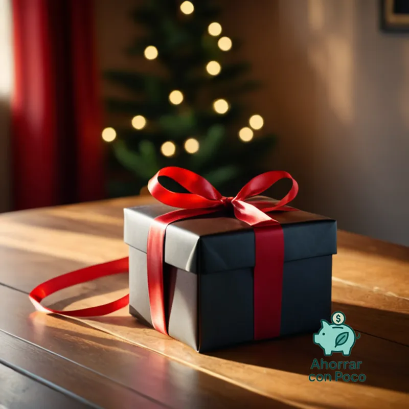 The image should show: A brightly wrapped, elegantly designed gift box, adorned with a vibrant red ribbon, placed on a rustic wooden table against a warm, neutral wall backdrop, subtly lit from above to evoke a sense of delight and surprise.