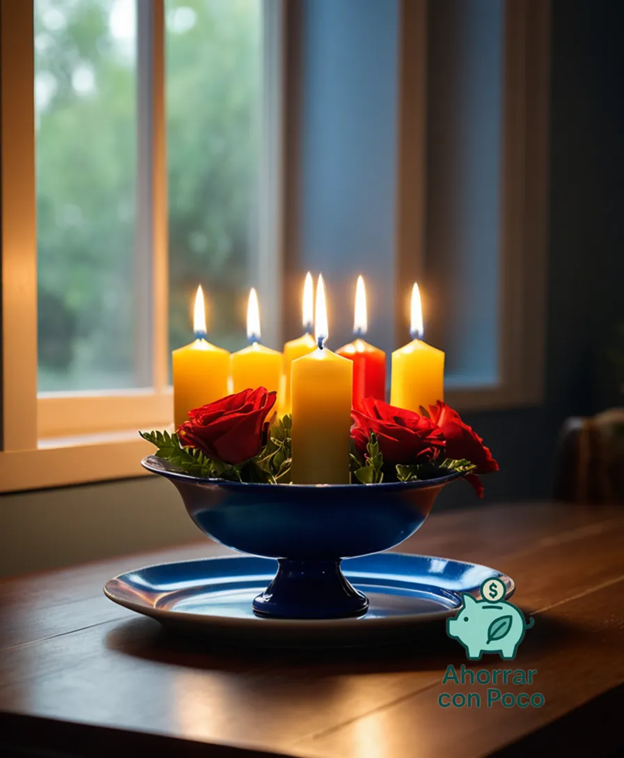 The image should show: A hand holding a colorful bouquet of six candles on a blue-glazed ceramic birthday plate, surrounded by two low-cost gift cards from popular retail stores (one for a bookstore and one for an art supply shop) in a minimalist living room with plain walls.