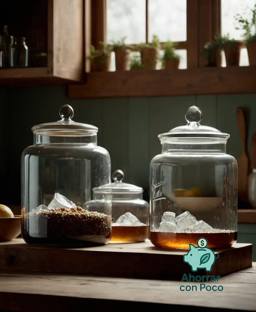 The image should show: A worn but meticulously arranged assortment of repurposed glass storage containers in various shapes and sizes, suspended from a rustic wooden hook above a vintage-inspired kitchen island, surrounded by warm natural light and subtle specks of dust.