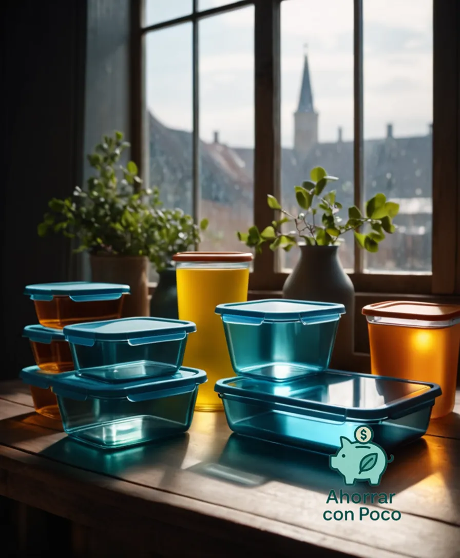The image should show: A group of assorted glass storage containers, featuring various shapes, sizes, and colors, gathered on a worn wooden table, illuminated by warm natural light streaming through a nearby window, casting subtle shadows on their transparent surfaces.