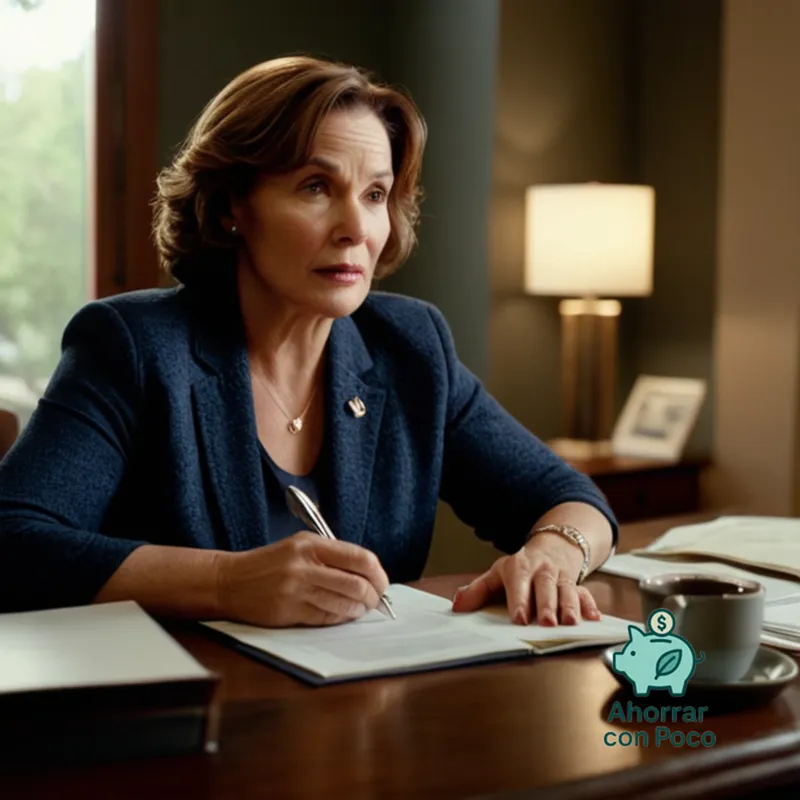 The image should show: A middle-aged woman in her mid-40s, with a mix of concern and determination etched on her face, sitting in front of a small desk cluttered with paperwork and financial statements, gazing attentively at a healthcare insurance brochure.