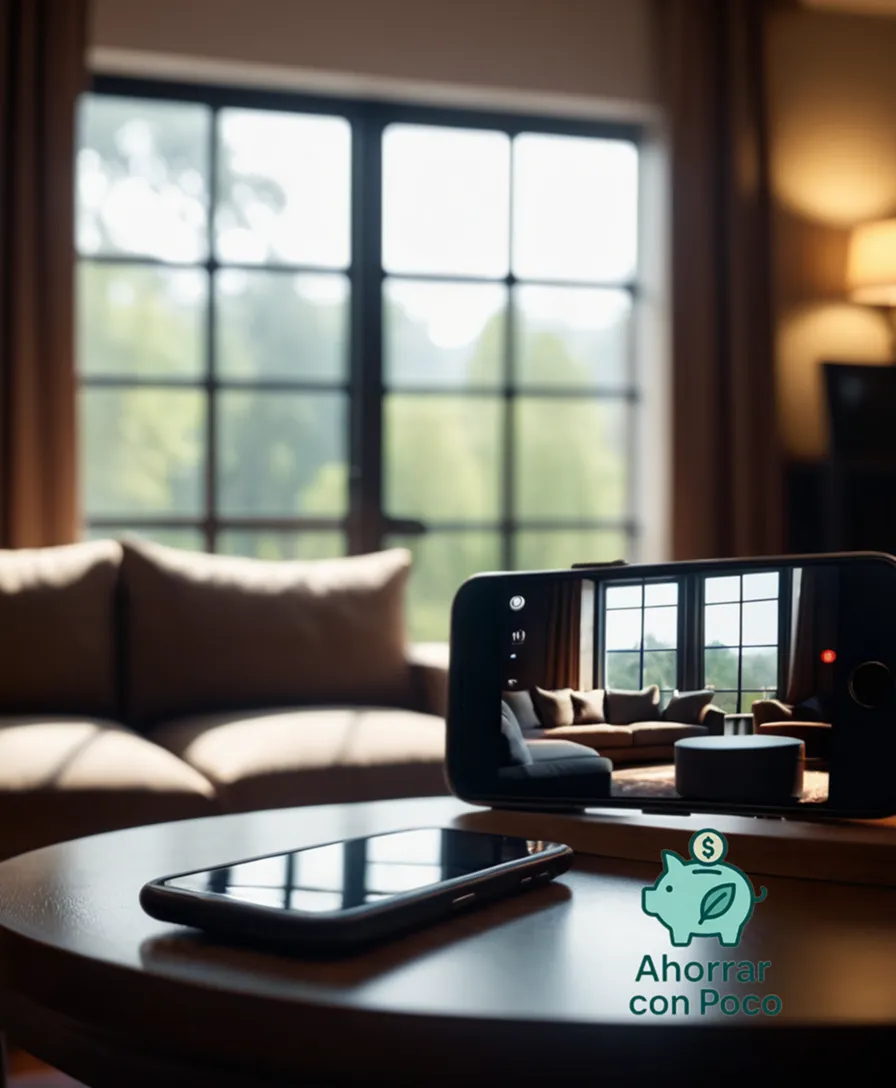 The image should show a smartphone device with a streaming service app open on the screen, displaying a popular movie, surrounded by a blurred background of various digital devices and a couch in a cozy living room setting, lit by soft natural light filtering through the window.