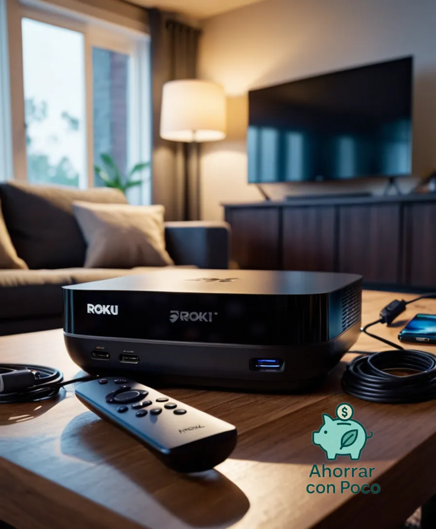 The image should show: A cluttered living room coffee table piled high with devices, remotes, and charging cables from various streaming services, including a Roku, Apple TV, Netflix logo on an iPhone, and a laptop open to Disney+, surrounded by soft, warm lighting and subtle background items.