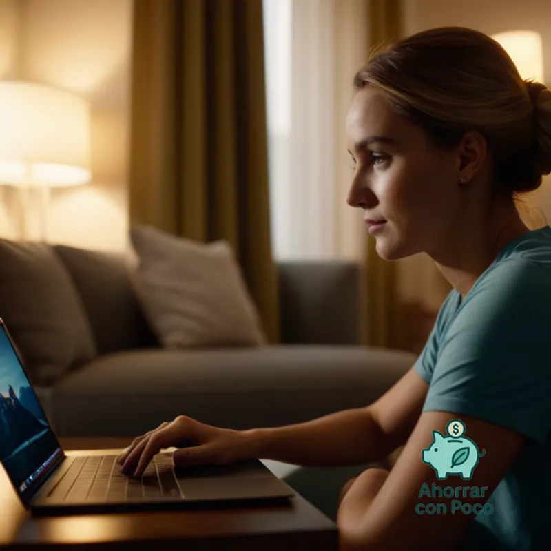 The image should show: a relaxed individual sitting in front of a comfortable living room backdrop, focused on their laptop screen as they access multiple streaming accounts side by side, with a blurred smartphone and remote control nearby, all set amidst a warm lighting arrangement with minimal clutter.