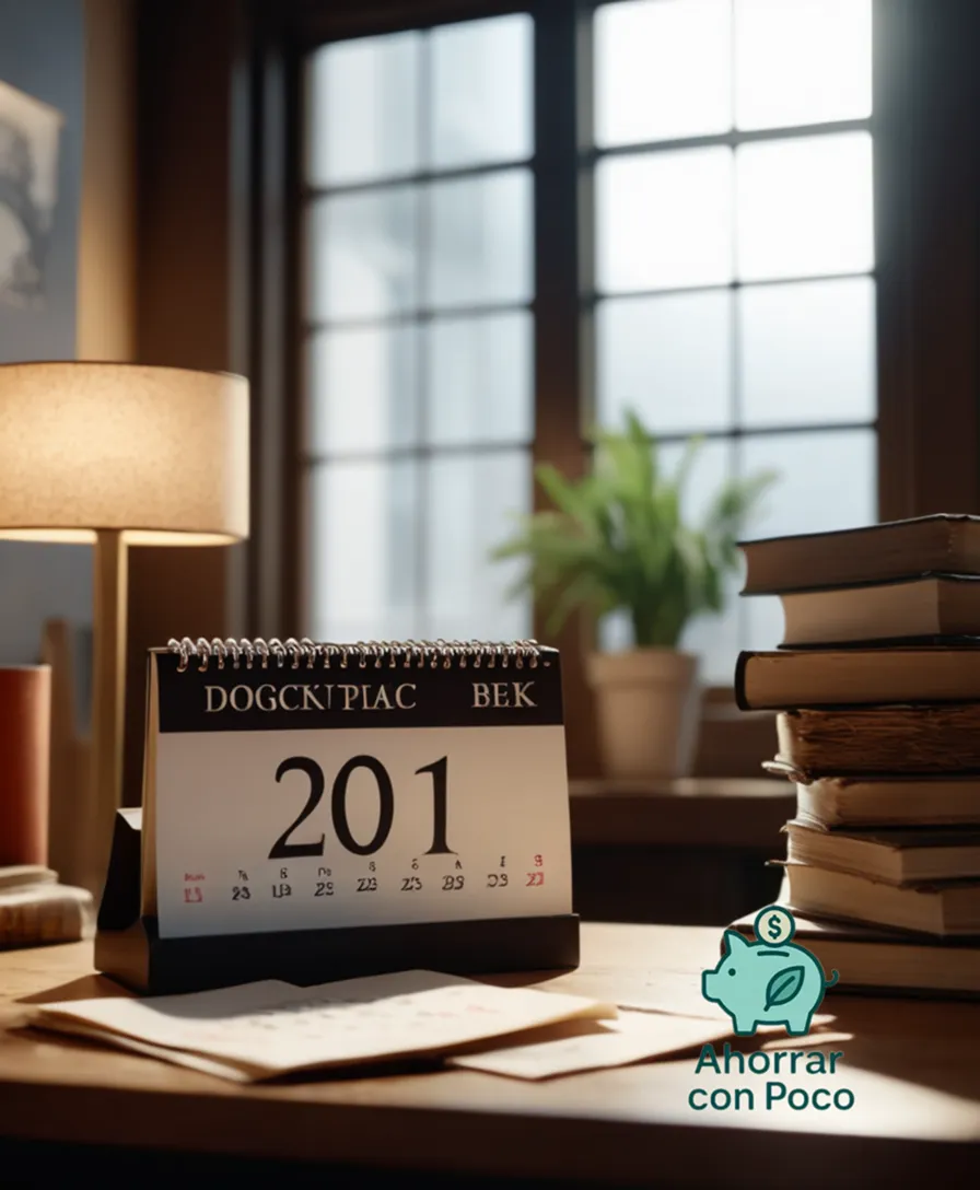 The image should show: A worn, vintage desk calendar with a crumpled up piece of paper inserted between its pages, laying on a cluttered office space background with piles of dog-eared books and stacks of overdue bills in the foreground.