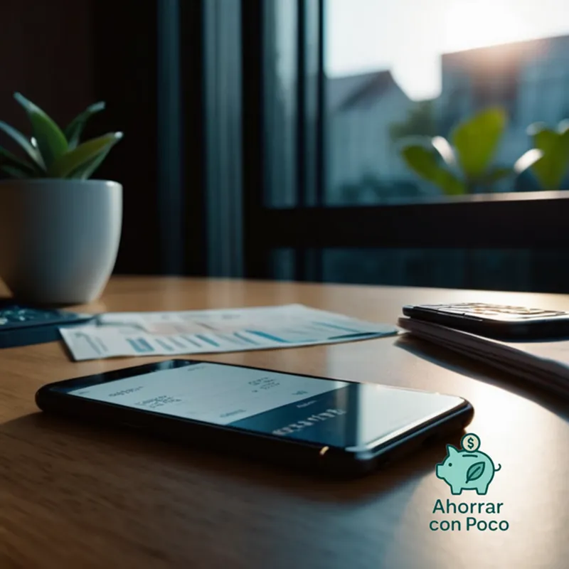 The image should show: A hand holding a smartphone displaying a budgeting app's interface on a dimly lit table, surrounded by a few bills, coins, and receipts, with a calendar and a pen lying nearby, in a mundane office-like environment.