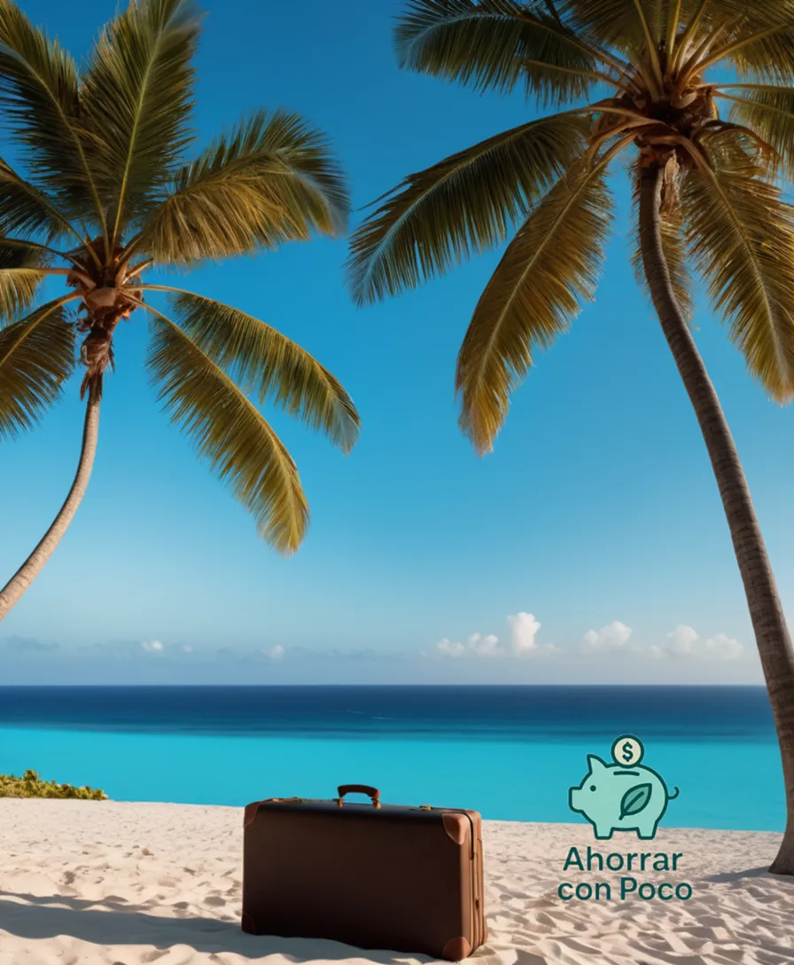 The image should show a serene sandy beach at sunrise, with several beach chairs, an umbrella, and a suitcase in the foreground, surrounded by lush palm trees swaying gently in the breeze, with a turquoise ocean stretching to the horizon under a clear blue sky.